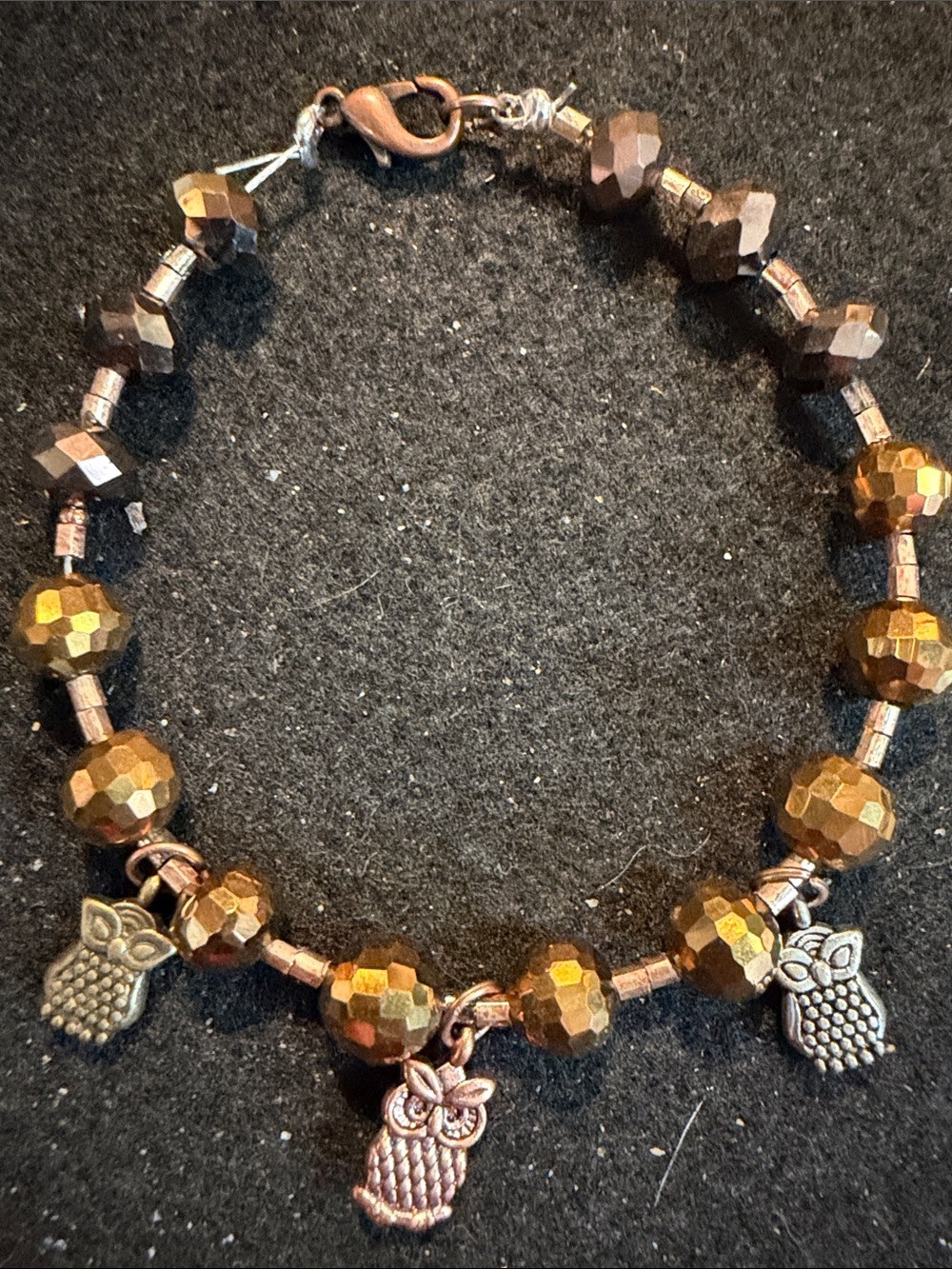 Faceted Brown Bead Bracelet with Owl Charms - Women Jewelry